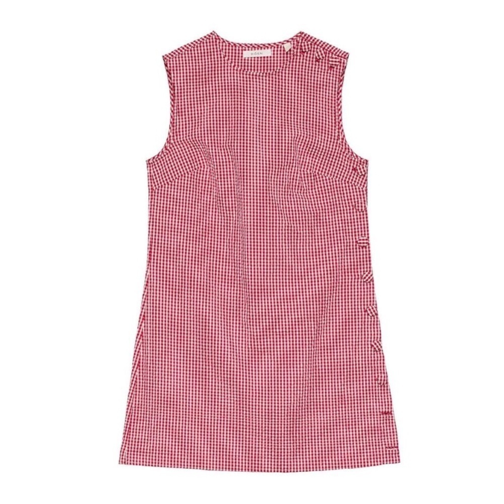 Doen Coralie Cotton Crewneck Button Mini Dress Rouge La Maddalena Gingham Red